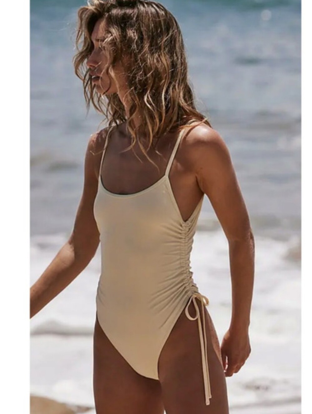 Beige Drawstring Side One-Piece Swimsuit